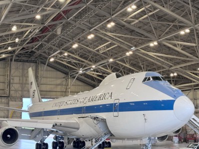 E-4B aircraft inside a maintenance hangar