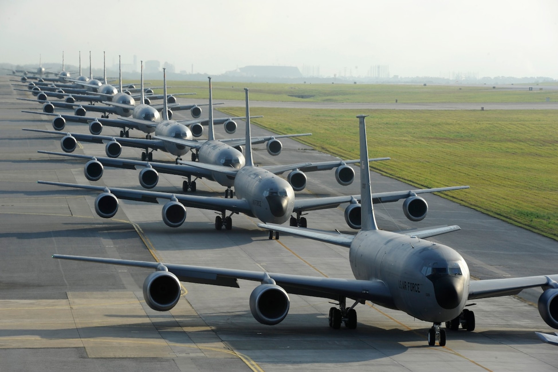 Military aircraft assembled on a flight line