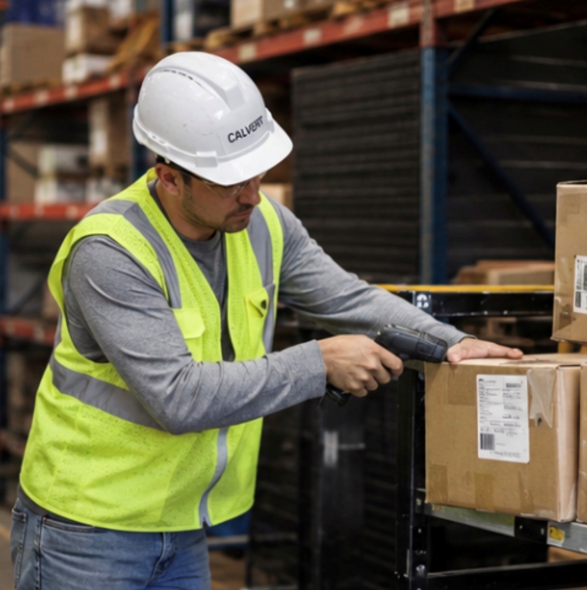 Logistics specialist scanning material in a warehouse